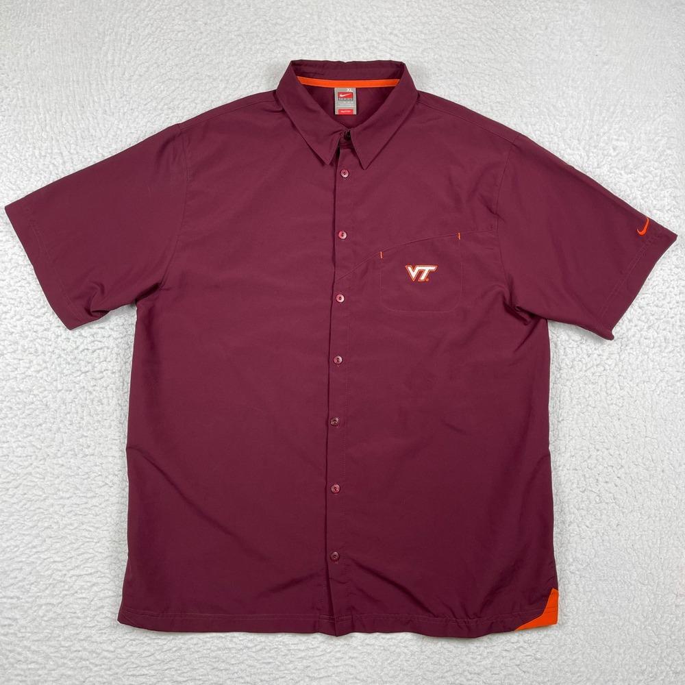 Virginia‎ Tech Nike Button Down Shirt Mens XL Maroon Hokies Fit Dry Short Sleeve
